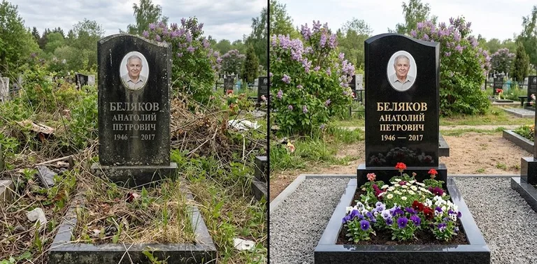 Уборка могилы до и после весной — цветущая сирень в Кемерово