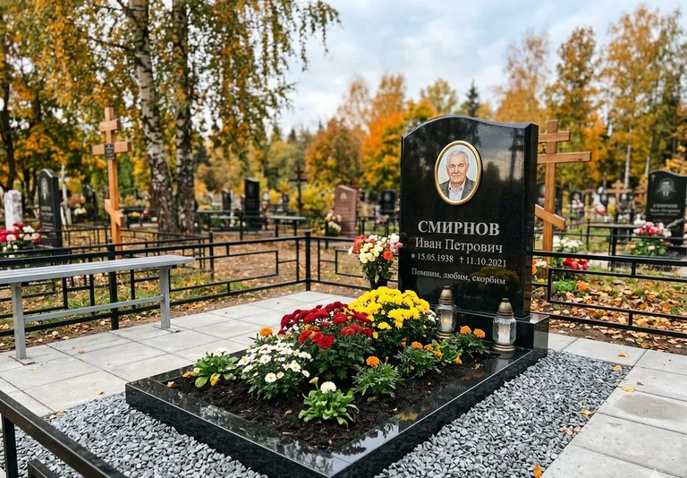 Ухоженная могила после уборки и мойки памятника в Кемерово