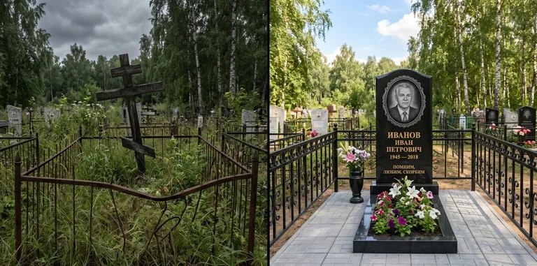 Благоустройство могилы до и после установки памятника в Кемерово