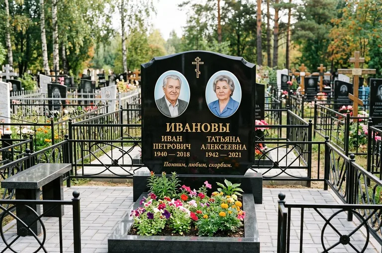 Установка памятника на бетонное основание с цоколем и цветником в Кемерово