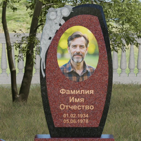 Мемориал с резьбой розы и асимметричной стелой, гранит Лезниковский