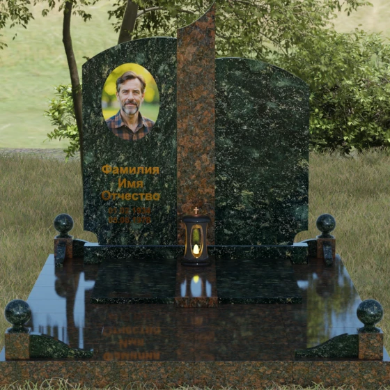 Гранитный памятник с дугообразными завершениями и колонной, гранит Балтик грин, вид 2