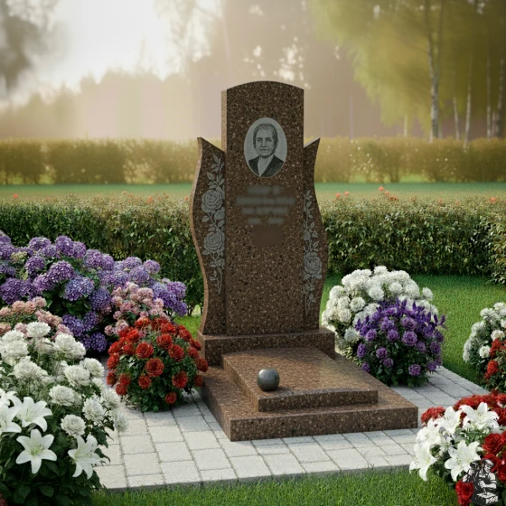 Гранитный монумент-арка с гравировкой роз, гранит Дымовский
