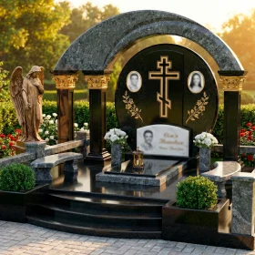 Элитный гранитный памятник на троих с крестом - ПН194
