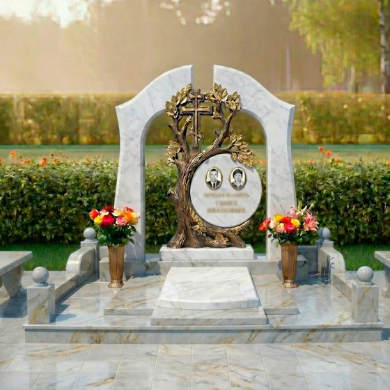 Элитный гранитный памятник-арка с древом жизни, мрамор Тассос