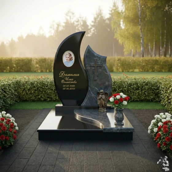 Комбинированный памятник с крестом и ангелом, гранит Габбро-диабаз