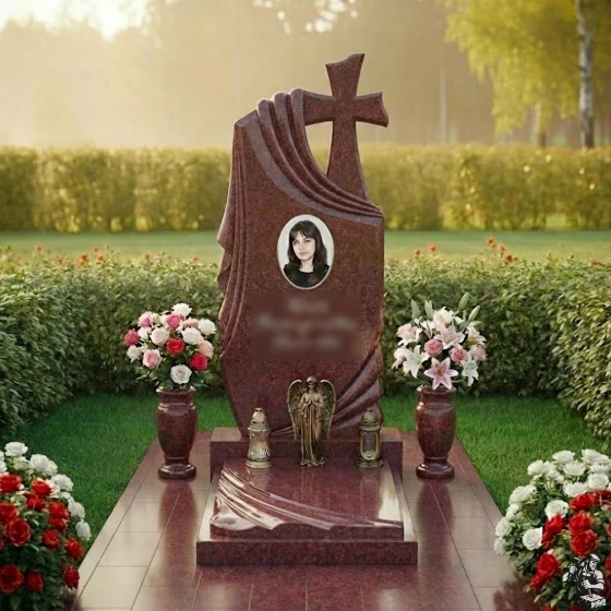 Элитный гранитный памятник с драпировкой, гранит Лезниковский
