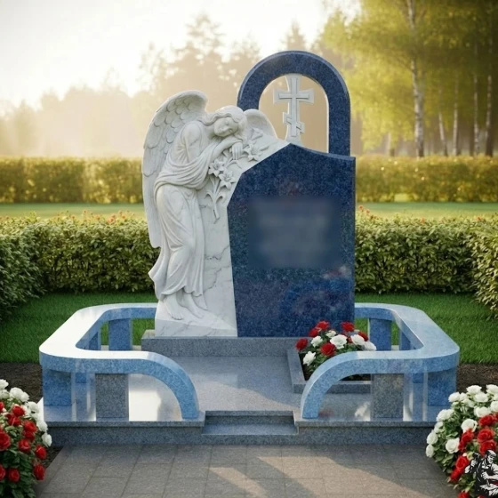 Мемориал с барельефом скорбящего ангела, гранит Блю Перл
