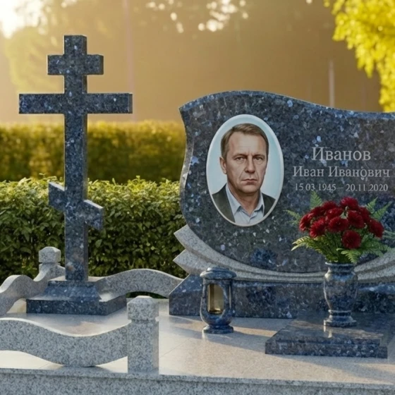 Памятник с драпировкой, букетом роз и крестом, гранит Блю Перл