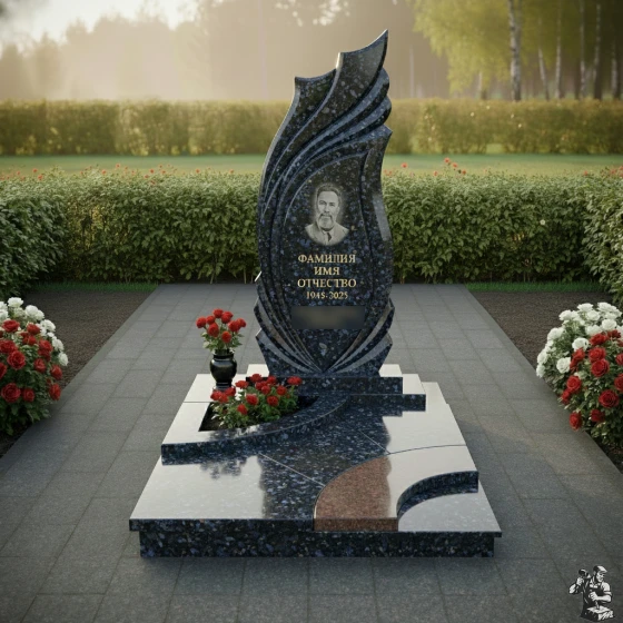 Гранитный монумент-лепесток с резными бороздами, гранит Блю Перл