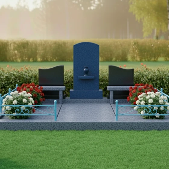 Гранитный монумент с вазой и волнообразными стелами, гранит Блю Перл