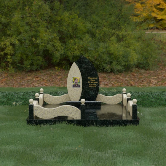 Вертикальный гранитный памятник-лепесток с контрастной полировкой, гранит Балтик грин, вид 2