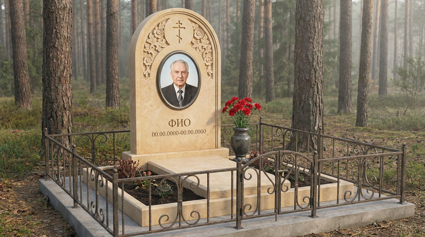 Пример дизайна: Памятник из светлого известняка в форме арки с цветами