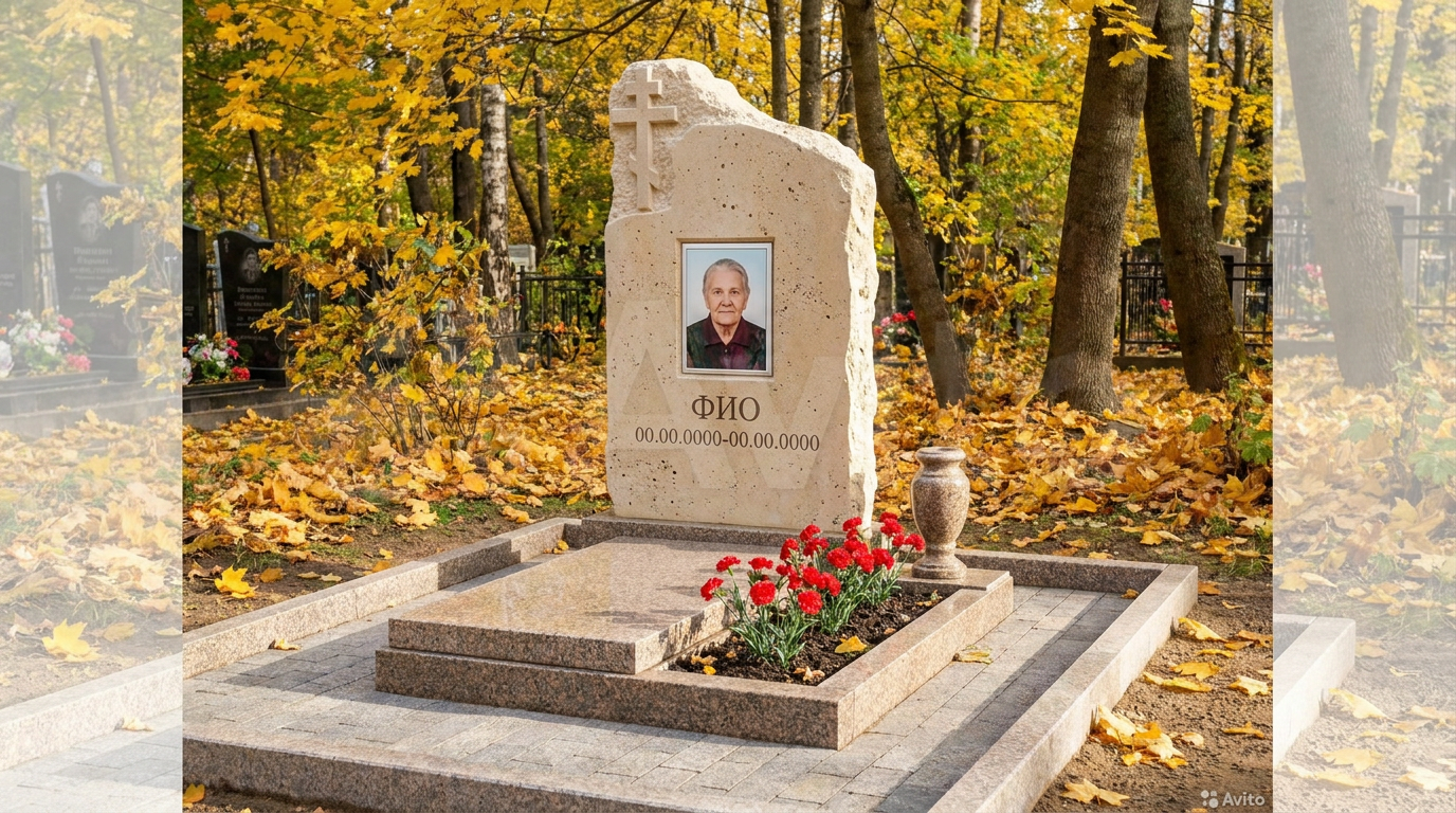Пример дизайна: Памятник из светлого известняка в форме скалы с крестом