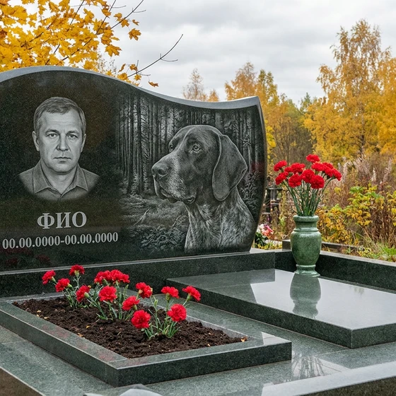 Гранитный памятник охотнику с арочным верхом с охотничьим рогом
