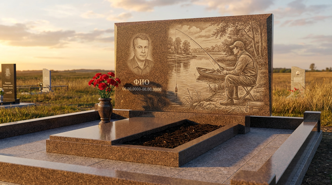 Пример дизайна: Гранитный памятник рыбаку с арочным верхом со щукой