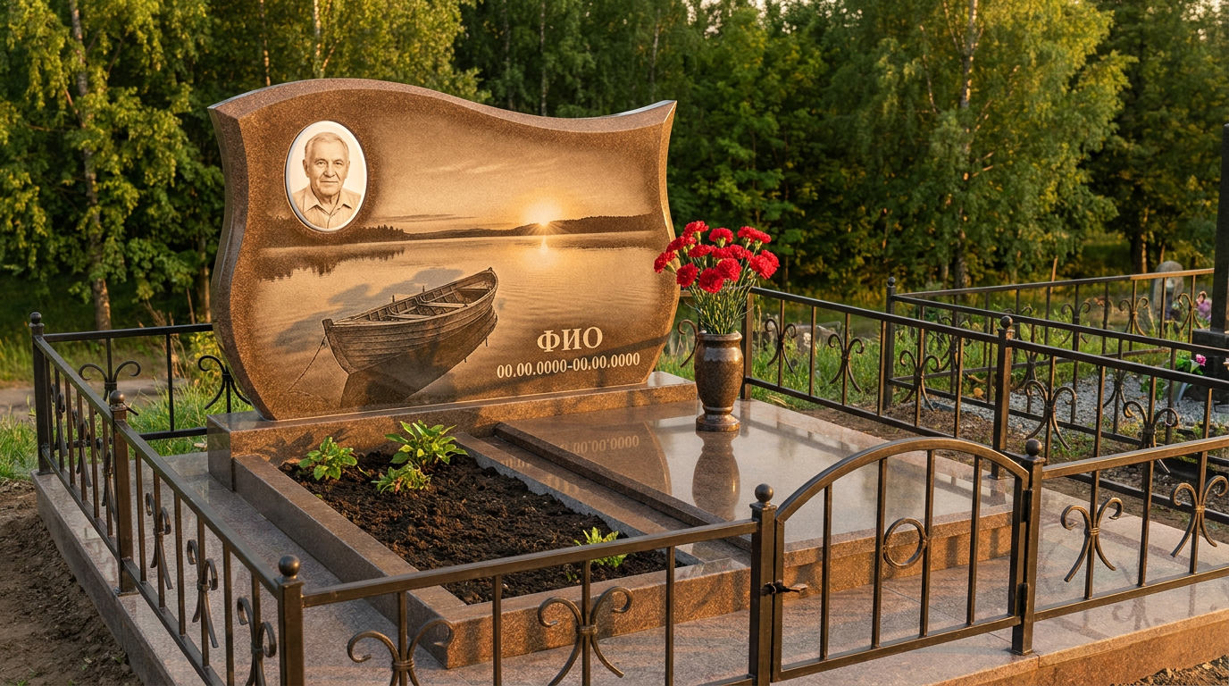 Пример дизайна: Гранитный памятник рыбаку в форме скалы со сценой рыбалки