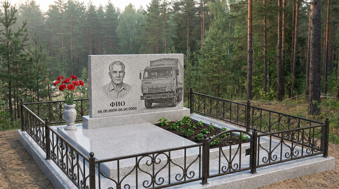 Пример дизайна: Гранитный памятник дальнобойщику в форме монолитной глыбы с автопоездом