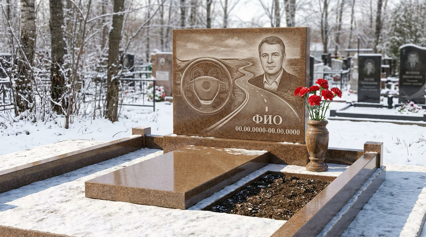 Пример дизайна: Гранитный памятник дальнобойщику в виде скалы с дальней дорогой