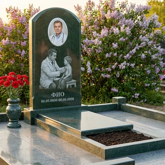 Гранитный памятник врачу с аркой с медицинской символикой