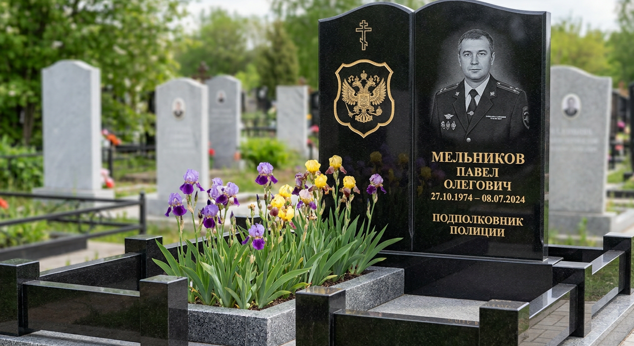 Пример дизайна: Памятник подполковнику полиции — композиция с гербом