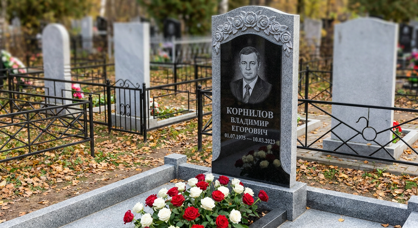 Пример дизайна: Памятник с гирляндой роз из мансуровского гранита