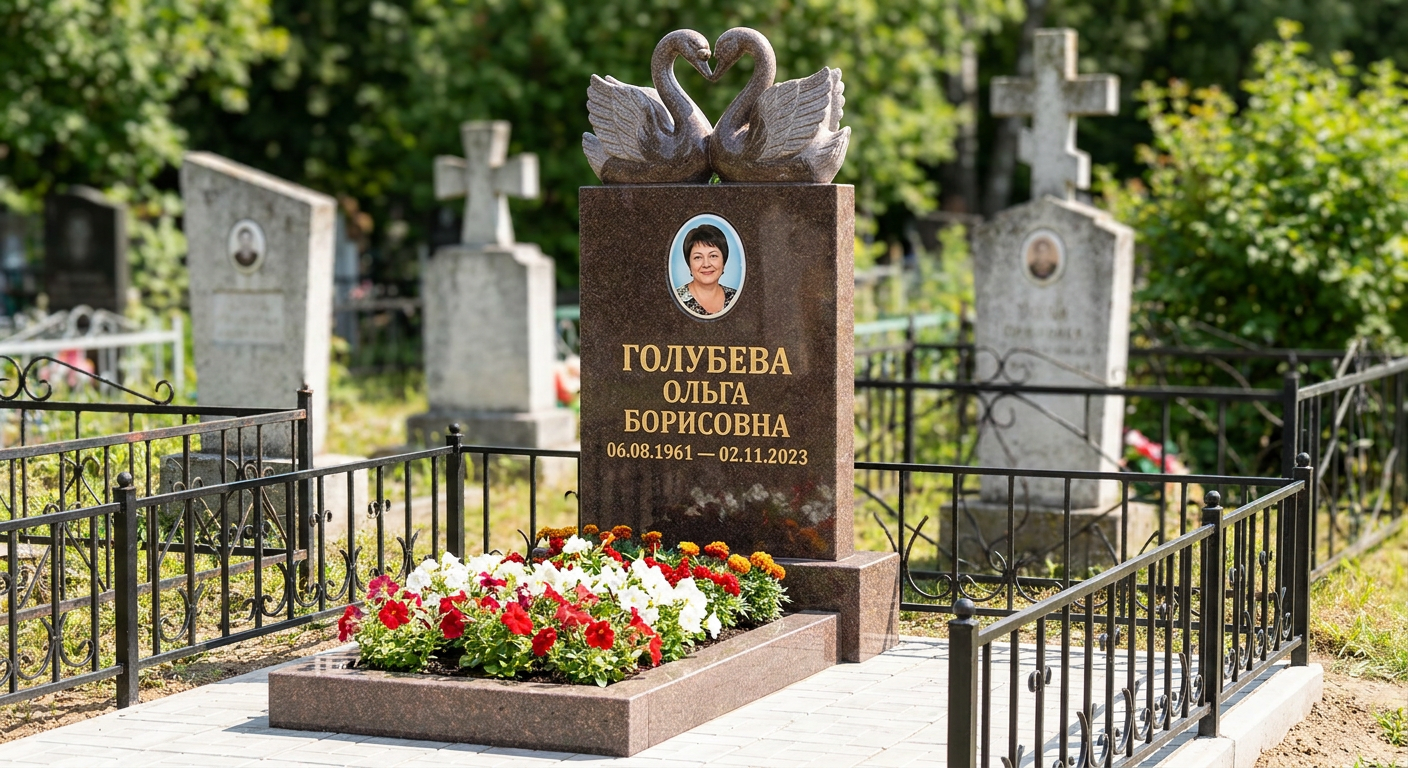 Пример дизайна: Памятник с парой лебедей и сердцем из крыльев из дымовского гранита