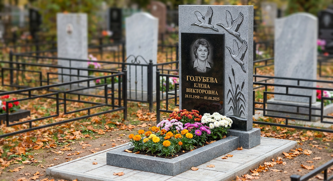 Пример дизайна: Памятник с клином журавлей из мансуровского гранита