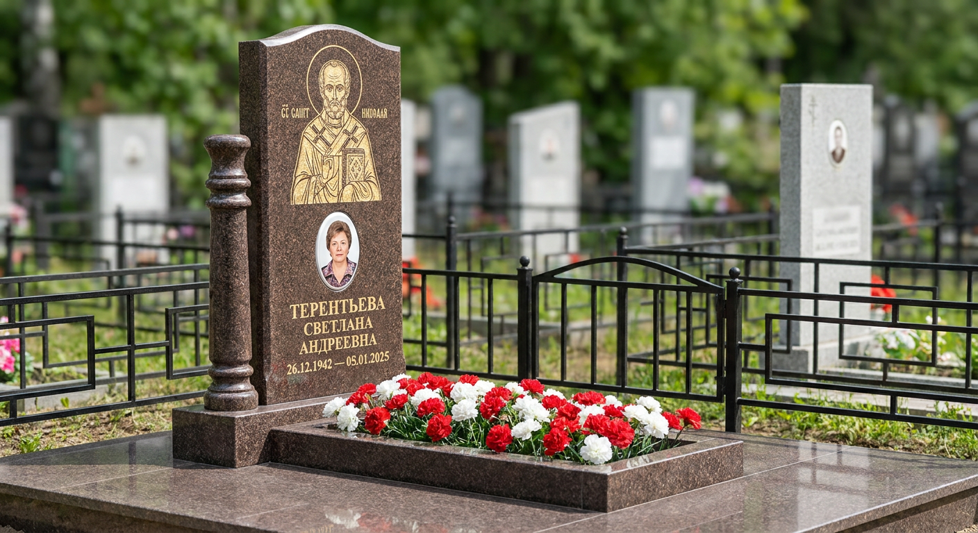 Пример дизайна: Гранитный памятник фигурный с гравировкой голубя и цветником — фото и цена