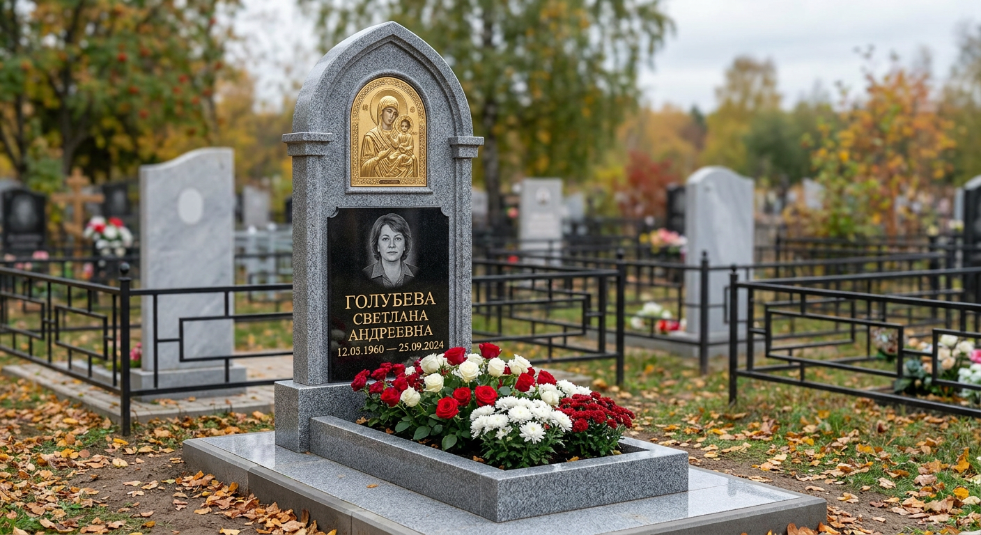 Пример дизайна: Гранитный памятник сердце с розой и оградой — фото и цена