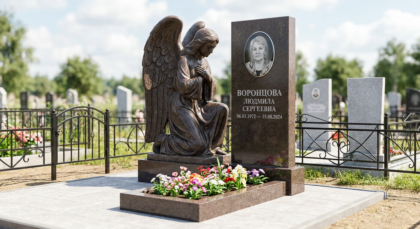 Пример дизайна: Гранитный памятник фигурный с крестом, облицовкой и оградой — фото и цена