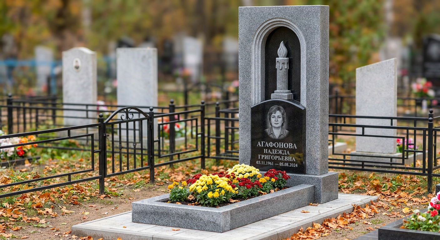Пример дизайна: Памятник с аркой и свечой из мансуровского гранита с портретом
