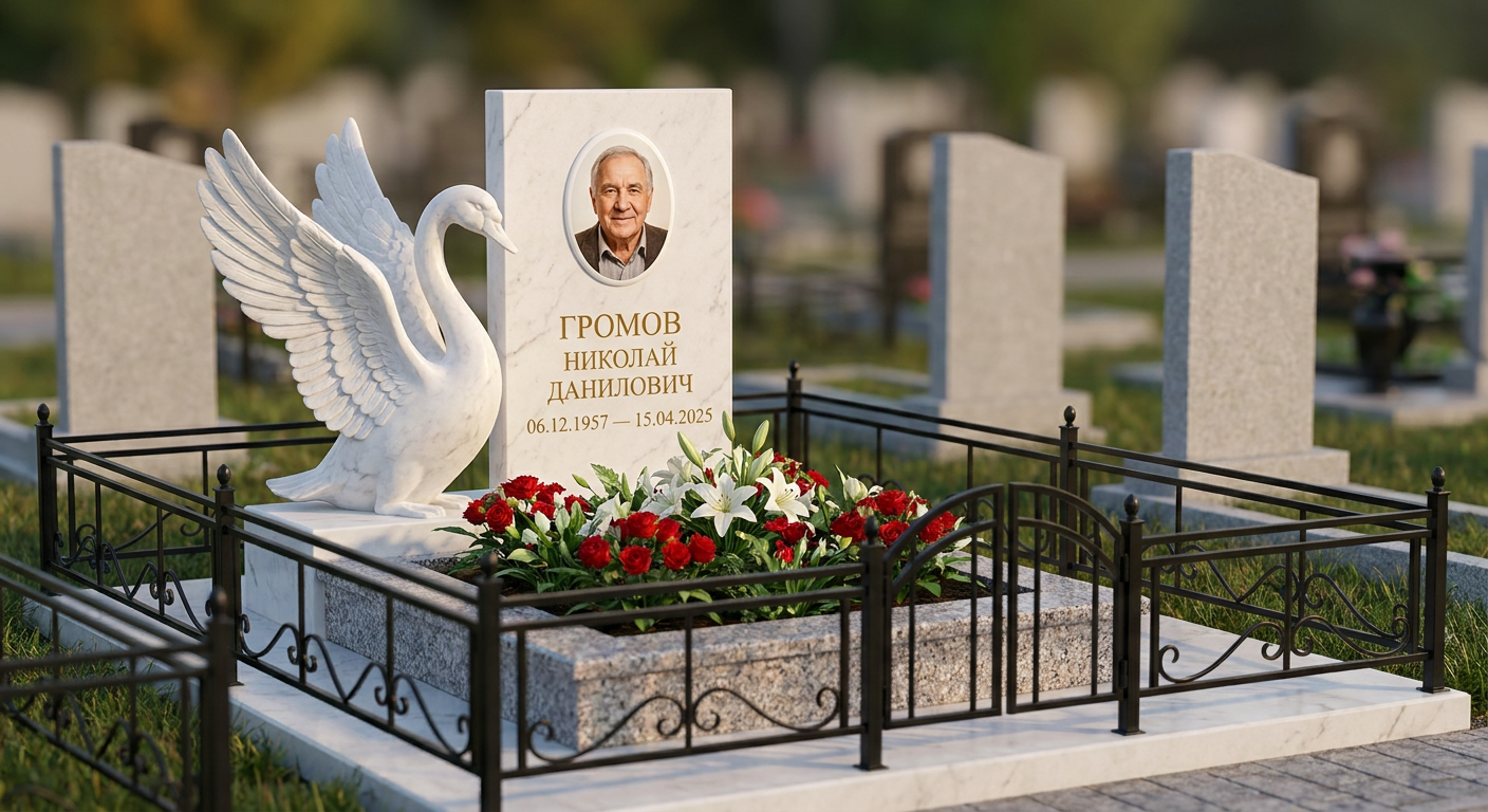 Пример дизайна: Памятник с лебедем и распростертыми крыльями из белого мрамора