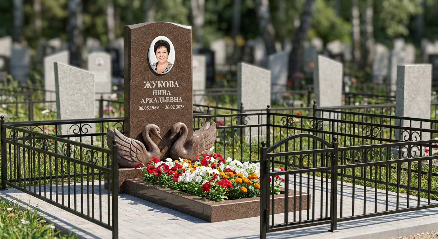 Пример дизайна: Памятник с парой лебедей из дымовского гранита с портретом