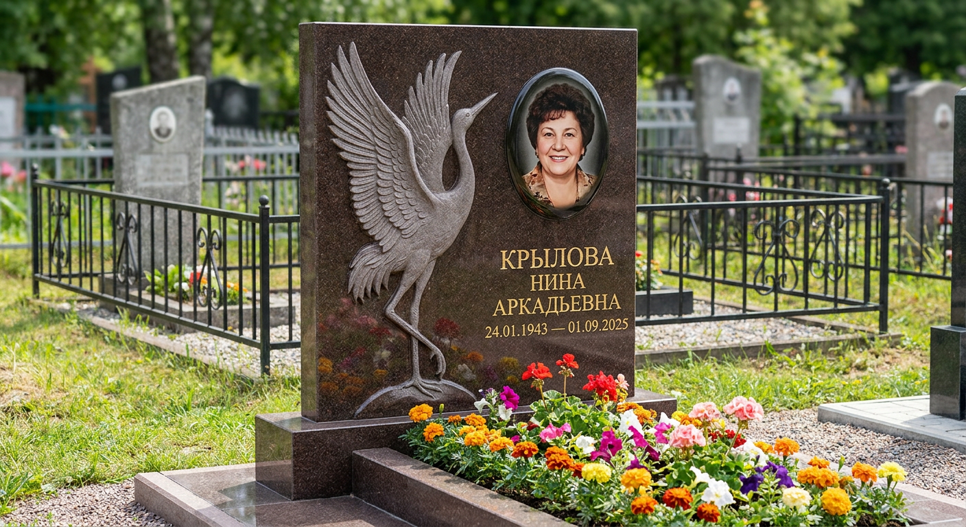 Пример дизайна: Памятник с журавлиным клином из дымовского гранита