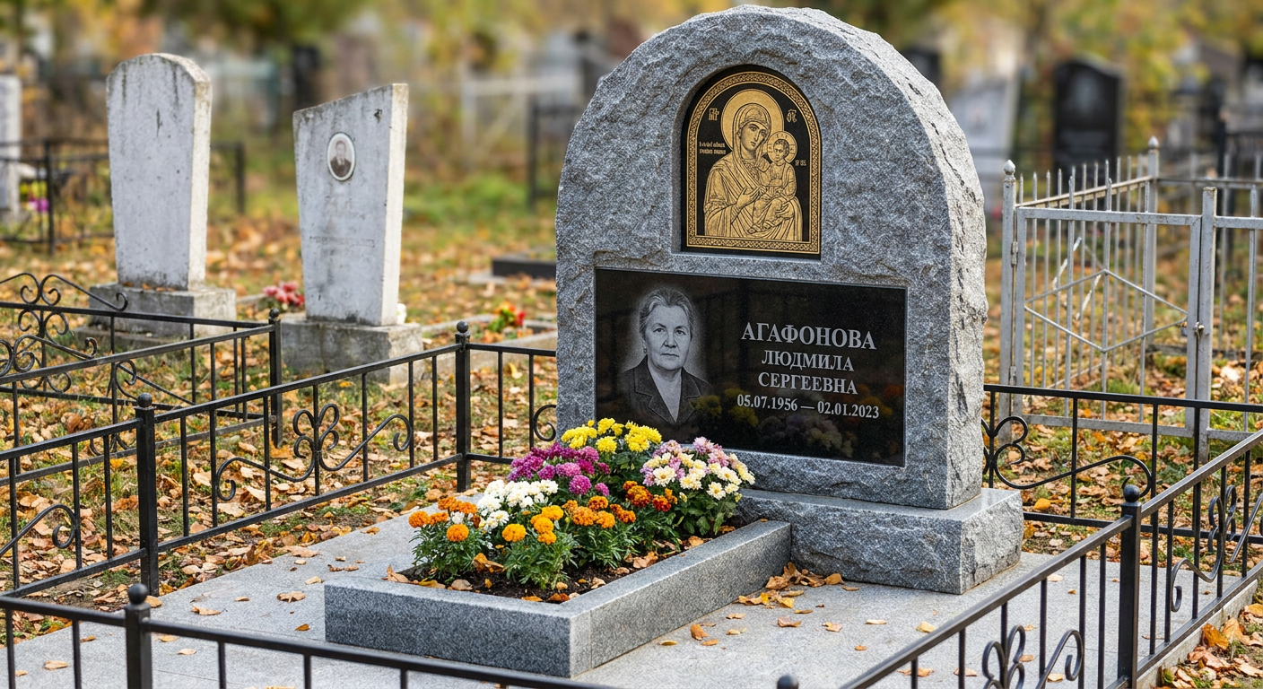 Пример дизайна: Памятник с иконой богородицы из мансуровского гранита с аркой