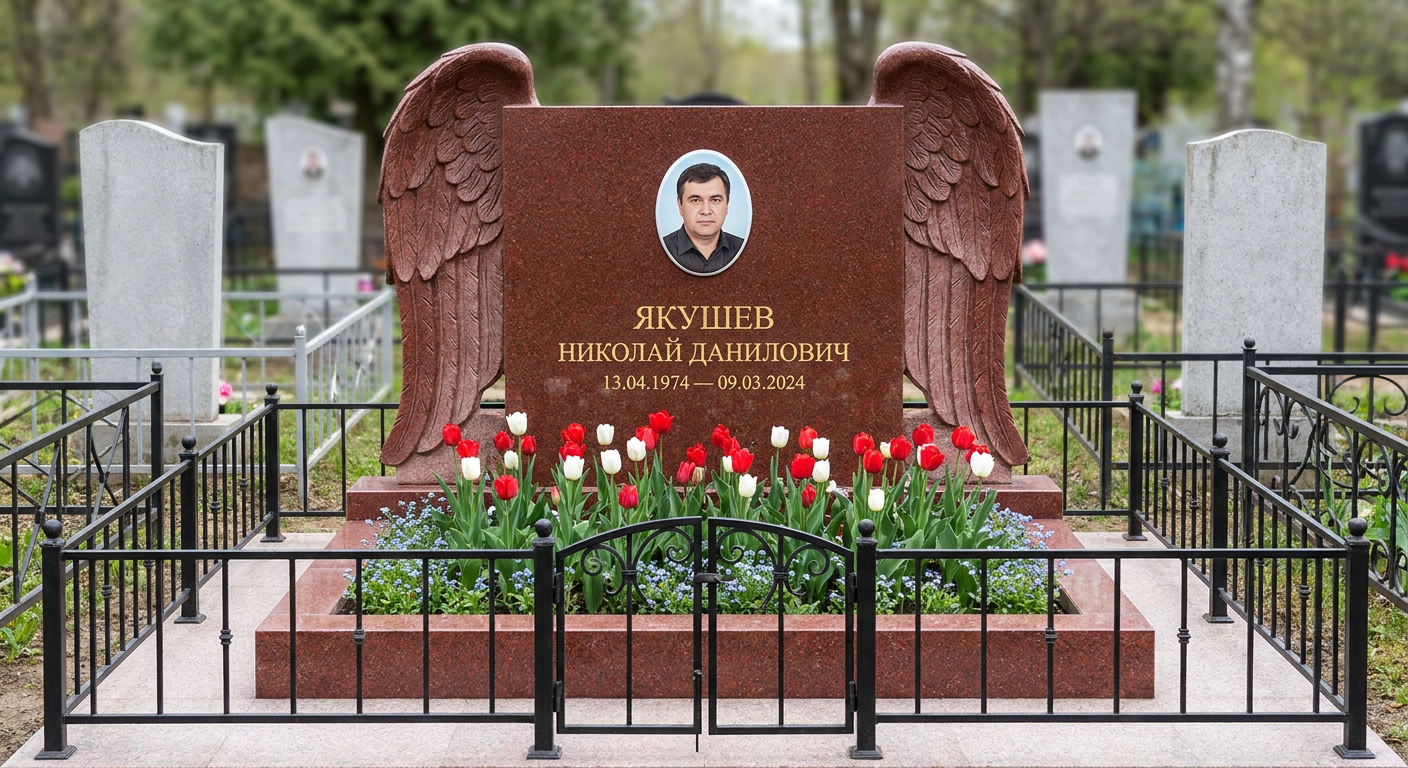 Пример дизайна: Памятник с крылом ангела и портретом из красного лезниковского гранита