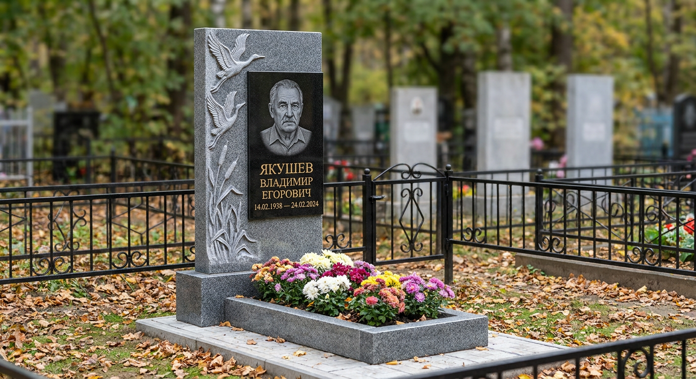 Пример дизайна: памятник с журавлями из серого гранита Мансуровский с портретом