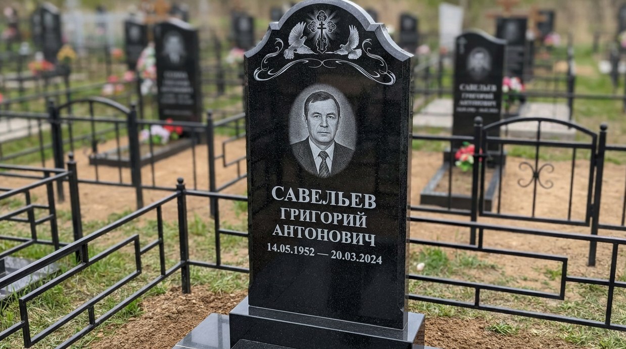 Пример дизайна: Гранитный памятник арочной формы с гравировкой Голубей и Креста — фото и цена