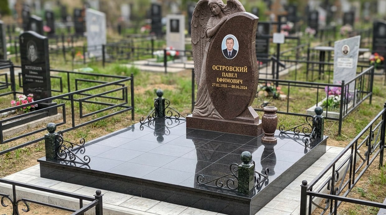 Пример дизайна: Комбинированный памятник с барельефом ангела и красным гранитом — фото и цена