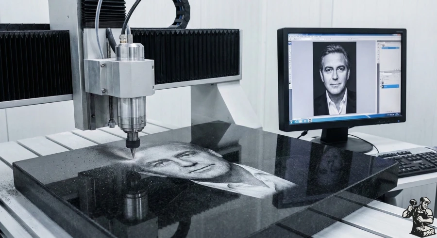 Stanok-s-CHPU-graviruet-portret-Dzhordzha-Kluni-na-chernom-granite