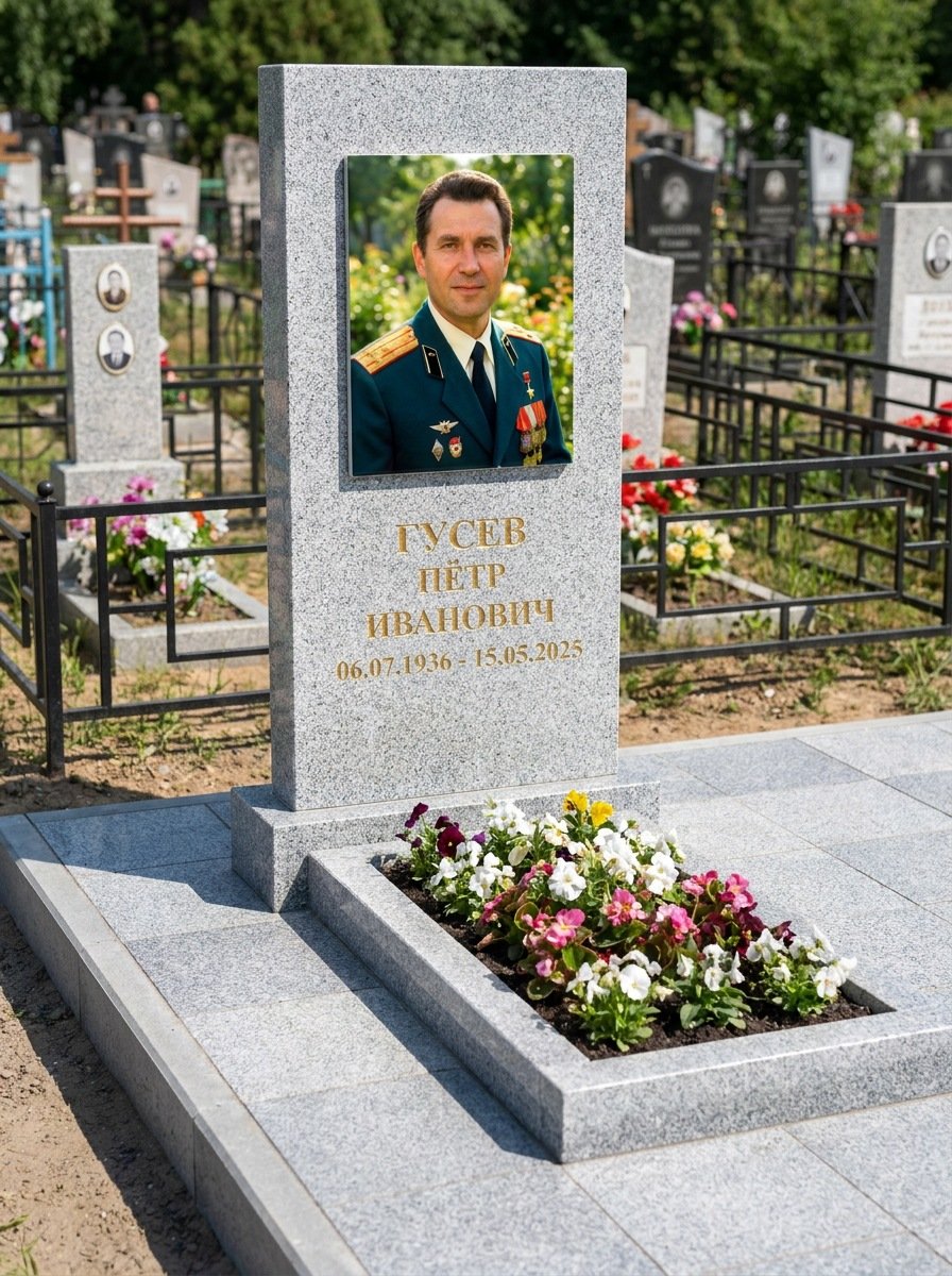Портрет на памятнике в Кемерово — Прямоугольник на гранитной стеле, ФИО и даты на портрете